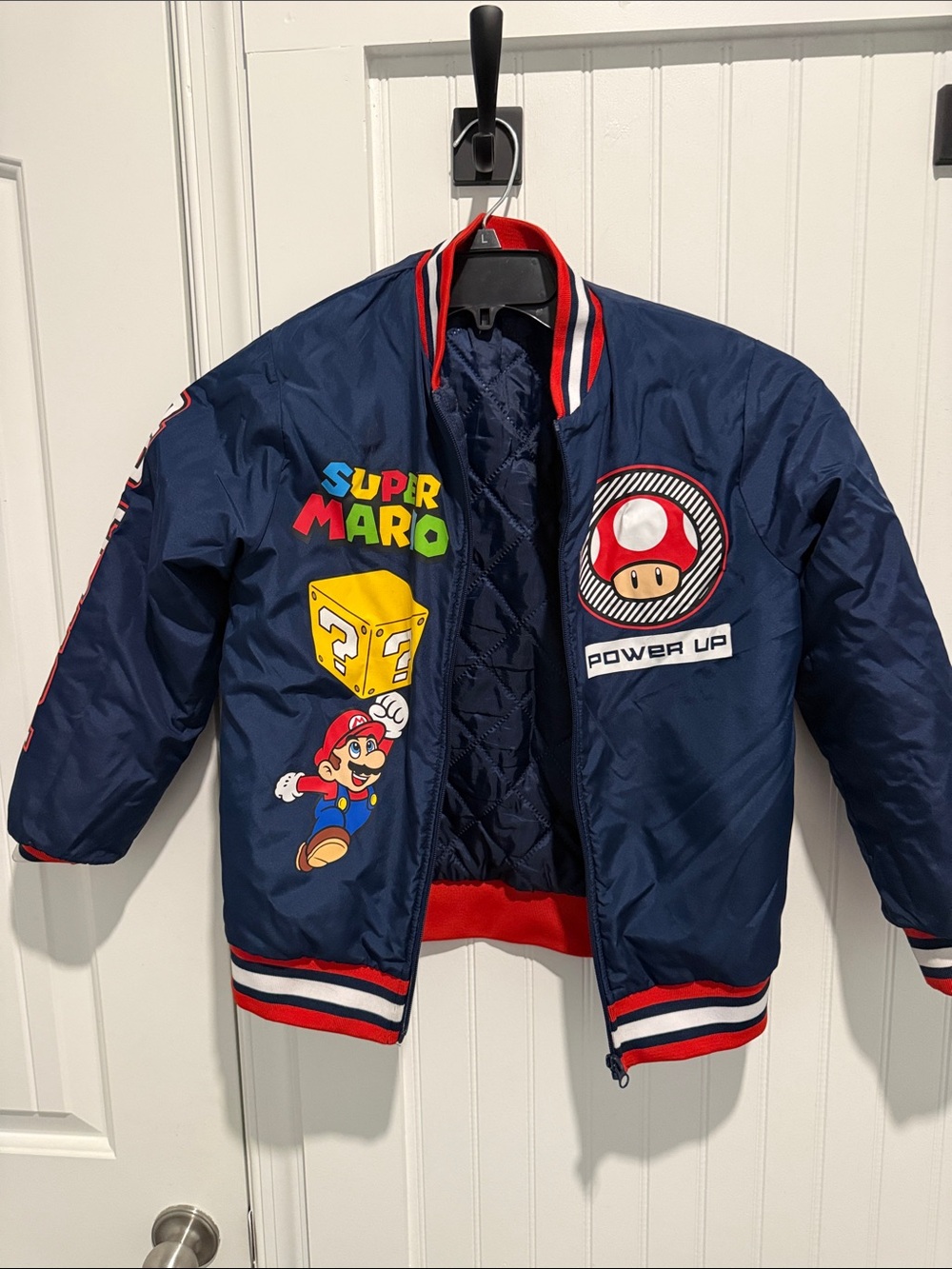 Super Mario Navy Varsity Bomber Jacket with Character Back Patch - Picture 2 of 3